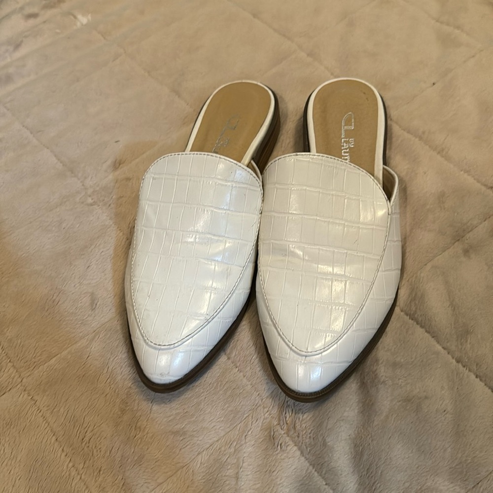 CL white croc mules